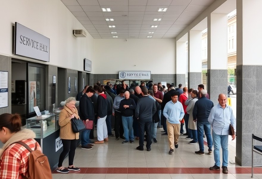 Antes — Una sola fila para todos los trámites y espera concentrada en la entrada.